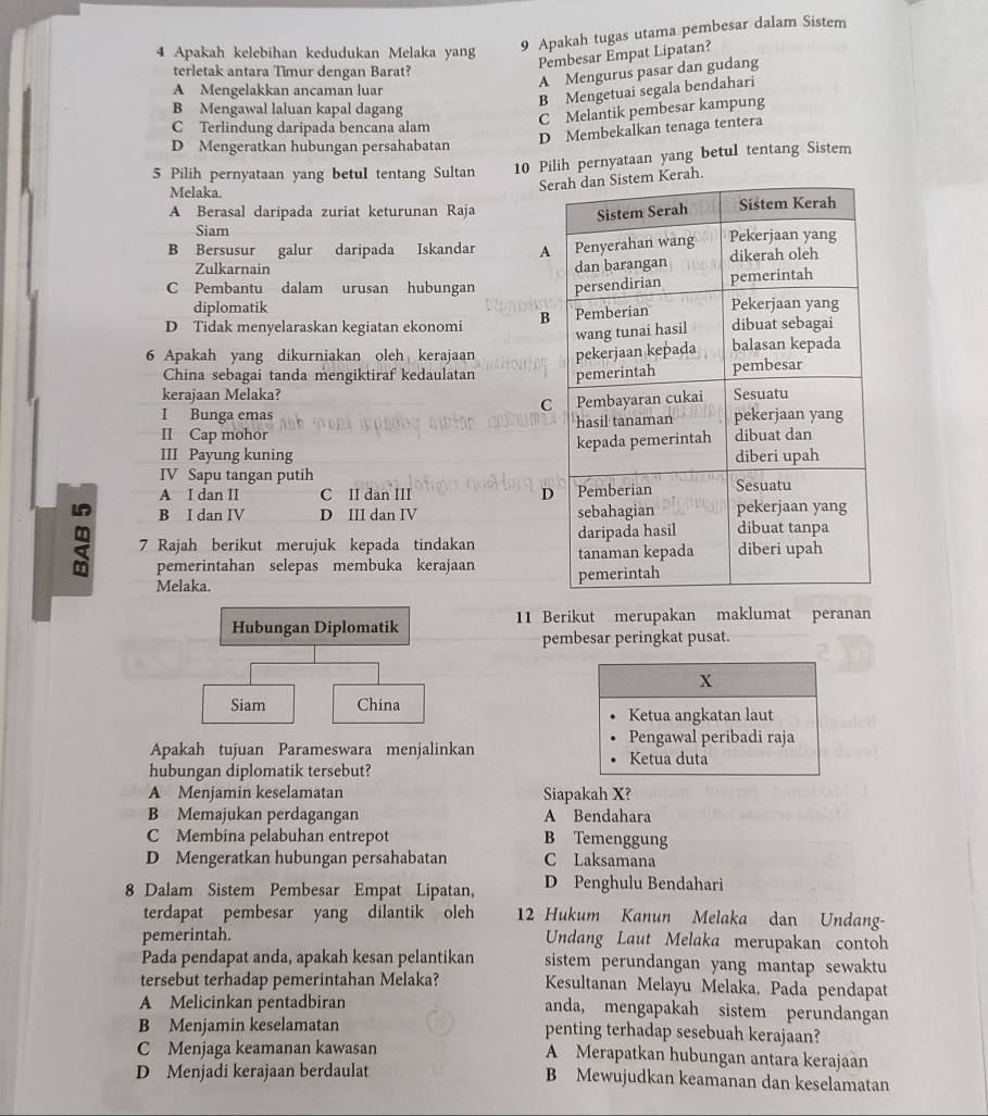 Apakah kelebihan kedudukan Melaka yang 9 Apakah tugas utama pembesar dalam Sistem
Pembesar Empat Lipatan?
terletak antara Timur dengan Barat?
A Mengurus pasar dan gudang
A Mengelakkan ancaman luar
B Mengetuai segala bendahari
B Mengawal laluan kapal dagang
C Terlindung daripada bencana alam
C Melantik pembesar kampung
D Membekalkan tenaga tentera
D Mengeratkan hubungan persahabatan
5 Pilih pernyataan yang betul tentang Sultan 10 Pilih pernyataan yang betul tentang Sistem
Melaka.
SKerah.
A Berasal daripada zuriat keturunan Raja 
Siam
B Bersusur galur daripada Iskandar A
Zulkarnain
C Pembantu dalam urusan hubungan 
diplomatik
D Tidak menyelaraskan kegiatan ekonomi B
6 Apakah yang dikurniakan oleh kerajaan 
China sebagai tanda mengiktiraf kedaulatan 
kerajaan Melaka?
C
I Bunga emas 
II Cap mohor 
III Payung kuning 
IV Sapu tangan putih
A I dan II C II dan III D
B I dan IV D III dan IV 
9 7 Rajah berikut merujuk kepada tindakan 
pemerintahan selepas membuka kerajaan
Melaka.
Hubungan Diplomatik 11 Berikut merupakan maklumat peranan
pembesar peringkat pusat.
X
Siam China
Ketua angkatan laut
Pengawal peribadi raja
Apakah tujuan Parameswara menjalinkan Ketua duta
hubungan diplomatik tersebut?
A Menjamin keselamatan Siapakah X?
B Memajukan perdagangan A Bendahara
C Membina pelabuhan entrepot B Temenggung
D Mengeratkan hubungan persahabatan C Laksamana
8 Dalam Sistem Pembesar Empat Lipatan, D Penghulu Bendahari
terdapat pembesar yang dilantik oleh 12 Hukum Kanun Melaka dan Undang-
pemerintah. Undang Laut Melaka merupakan contoh
Pada pendapat anda, apakah kesan pelantikan sistem perundangan yang mantap sewaktu
tersebut terhadap pemerintahan Melaka? Kesultanan Melayu Melaka, Pada pendapat
A Melicinkan pentadbiran anda, mengapakah sistem perundangan
B Menjamin keselamatan penting terhadap sesebuah kerajaan?
C Menjaga keamanan kawasan A Merapatkan hubungan antara kerajaan
D Menjadi kerajaan berdaulat B Mewujudkan keamanan dan keselamatan