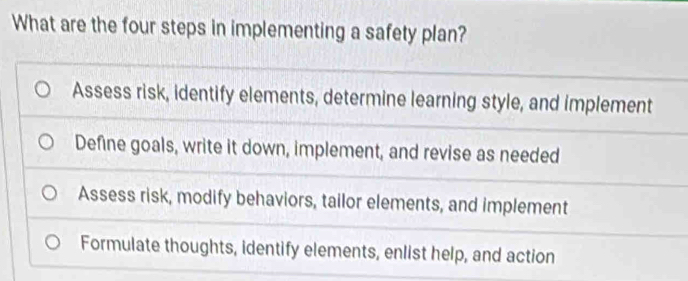 Solved: What are the four steps in implementing a safety plan? Assess ...