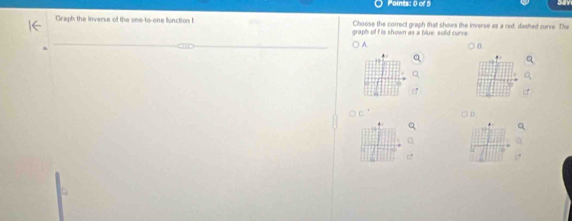 Graph the inverse of the one-to-one function f Choose the correct graph that shows the inverse as a red, dashed curve. The 
graph of f is shown as a blue, solid curve 
A. 
D
10
D