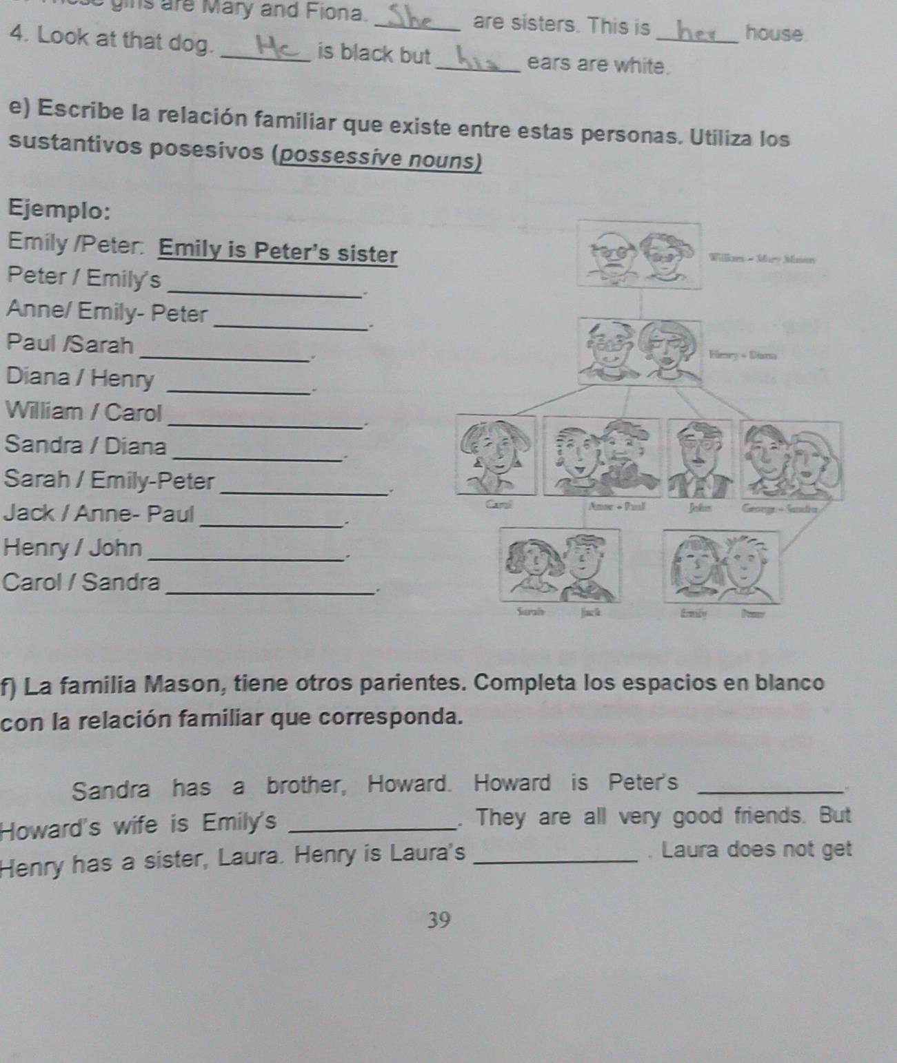 gins are Mary and Fiona. _are sisters. This is house. 
4. Look at that dog. _is black but _ears are white. 
e) Escribe la relación familiar que existe entre estas personas. Utiliza los 
sustantivos posesivos (possessive nouns) 
Ejemplo: 
Emily /Peter: Emily is Peter's sister 
_ 
Peter / Emily's 
. 
Anne/ Emily- Peter_ 
Paul /Sarah _ 
. 
Diana / Henry_ 
_ 
William / Carol 
. 
Sandra / Diana 
_。 
Sarah / Emily-Peter_ 
Jack / Anne- Paul_ 
. 
Henry / John_ 
、 
Carol / Sandra_ 
f) La familia Mason, tiene otros parientes. Completa los espacios en blanco 
con la relación familiar que corresponda. 
Sandra has a brother, Howard. Howard is Peter's_ 
Howard's wife is Emily's _. They are all very good friends. But 
Henry has a sister, Laura. Henry is Laura's_ 
. Laura does not get 
39