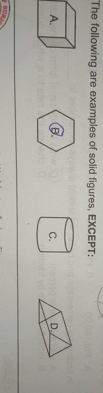 The following are examples of solid figures, EXCEPT: 
SUR