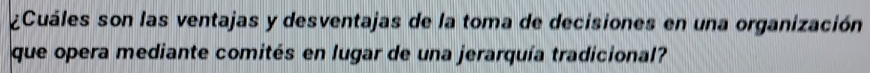 ¿Cuáles son las ventajas y desventajas de la toma de decisiones en una organización 
que opera mediante comités en lugar de una jerarquía tradicional?