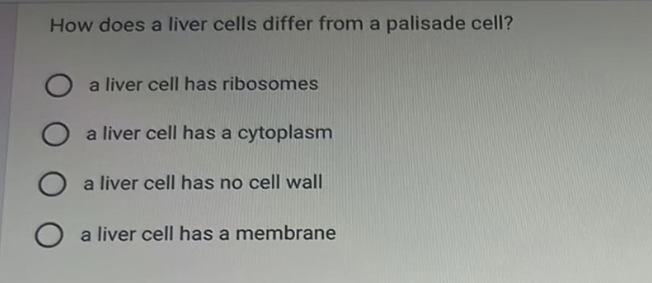 How does a liver cells differ from a palisade cell?
a liver cell has ribosomes
a liver cell has a cytoplasm
a liver cell has no cell wall
a liver cell has a membrane