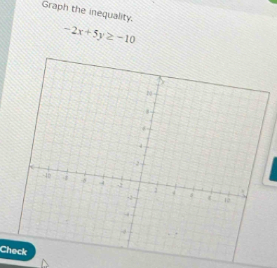 Graph the inequality.
-2x+5y≥ -10
Check