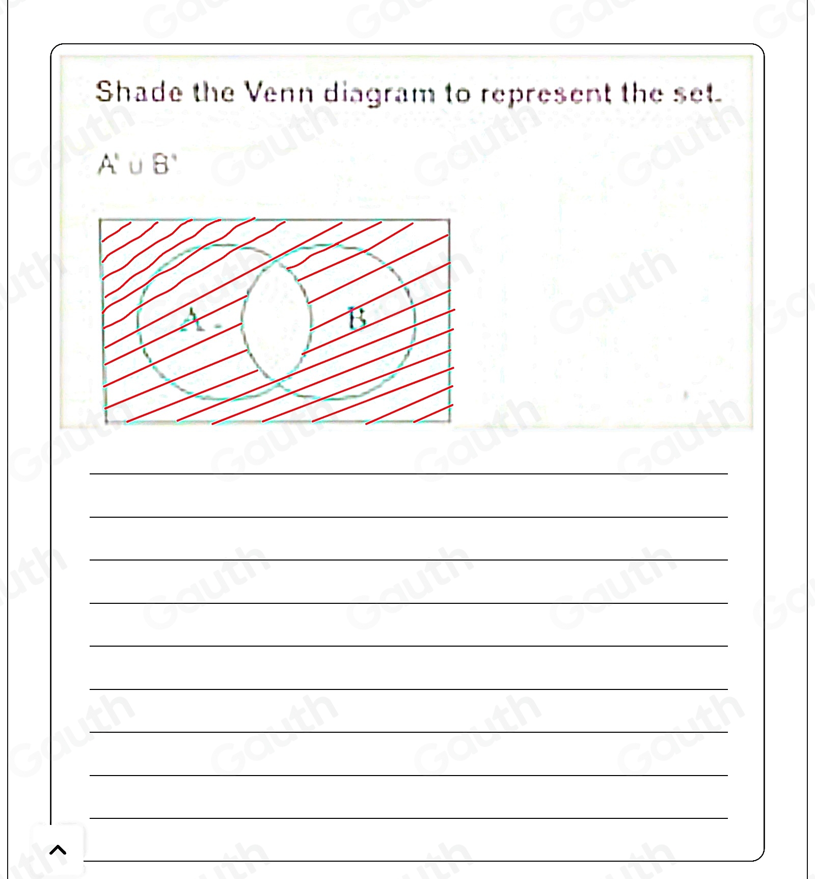 Shade the Venn diagram to represent the set.
A'∪ B'

^