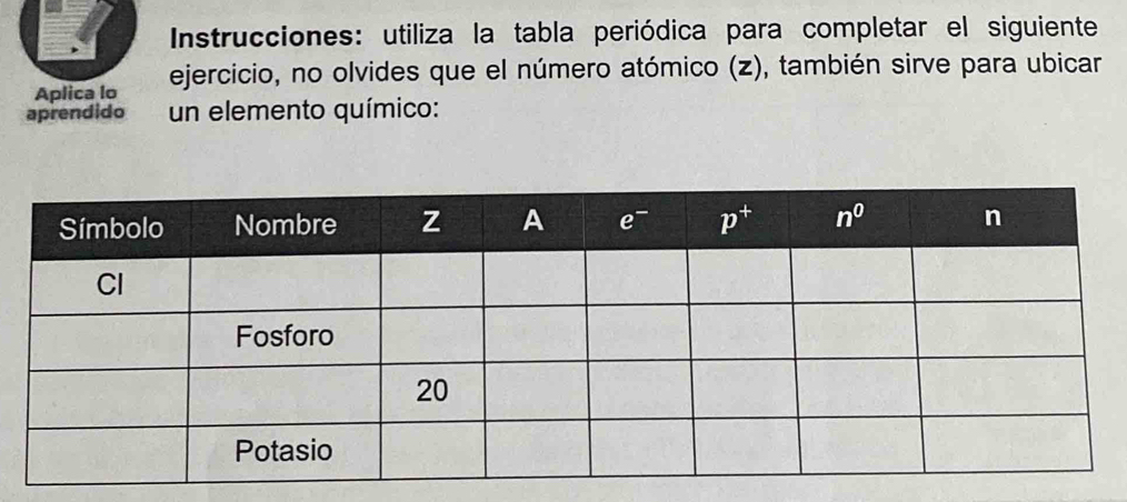 Instrucciones: utiliza la tabla periódica para completar el siguiente
Aplica lo ejercicio, no olvides que el número atómico (z), también sirve para ubicar
aprendido  un elemento químico: