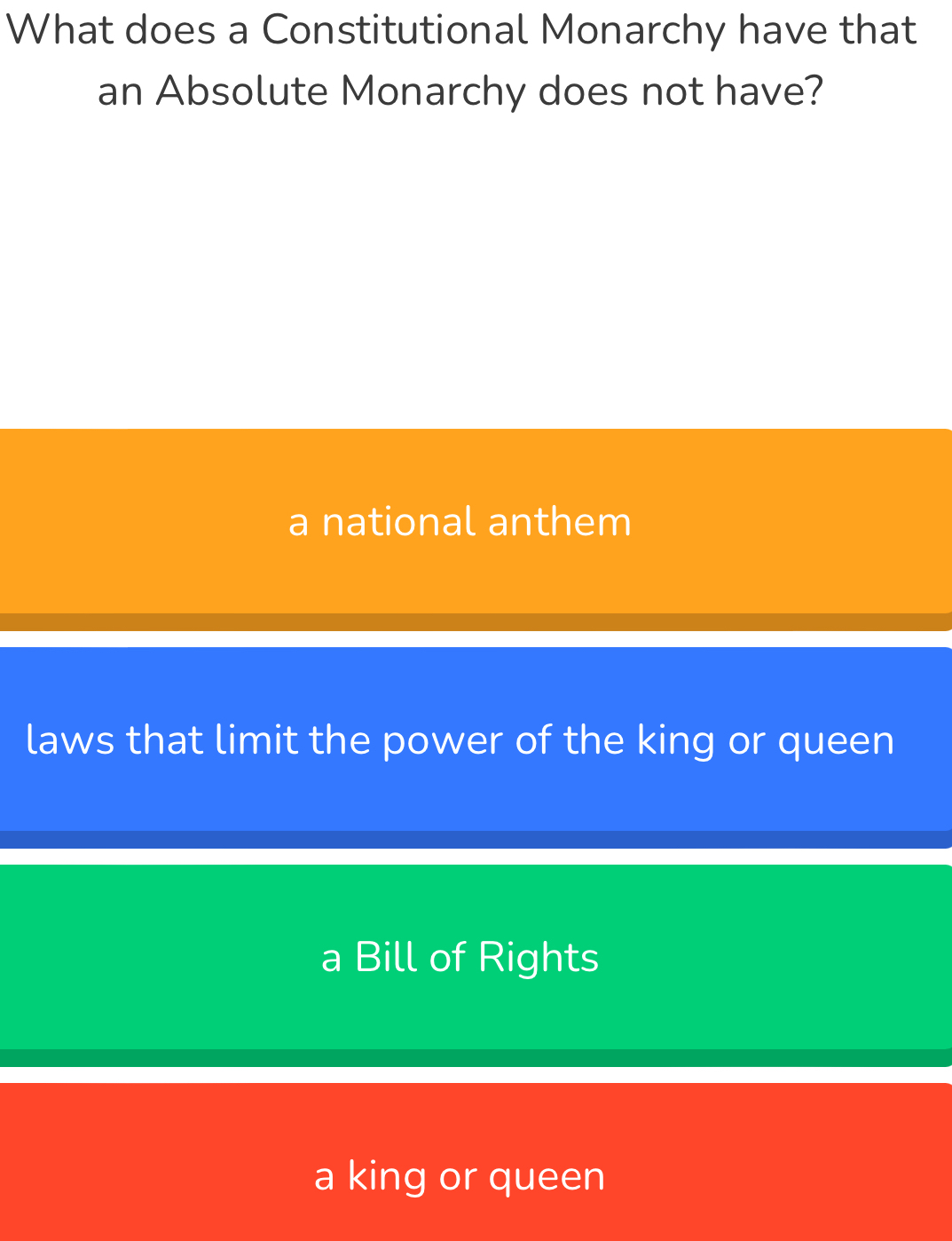 What does a Constitutional Monarchy have that
an Absolute Monarchy does not have?
a national anthem
laws that limit the power of the king or queen
a Bill of Rights
a king or queen