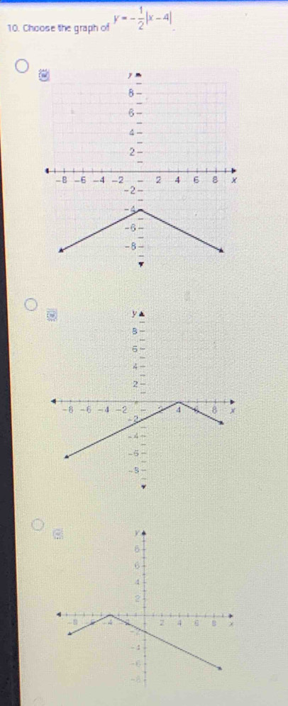 Choose the graph of y=- 1/2 |x-4|