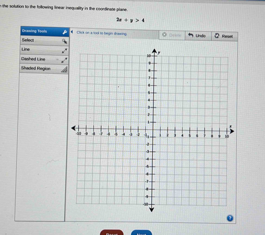 the solution to the following linear inequality in the coordinate plane.
2x+y>4
Drawing Tools Click on a tool to begin drawing. Delete Undo Reset 
Select 
Line 
Dashed Line 
Shaded Region