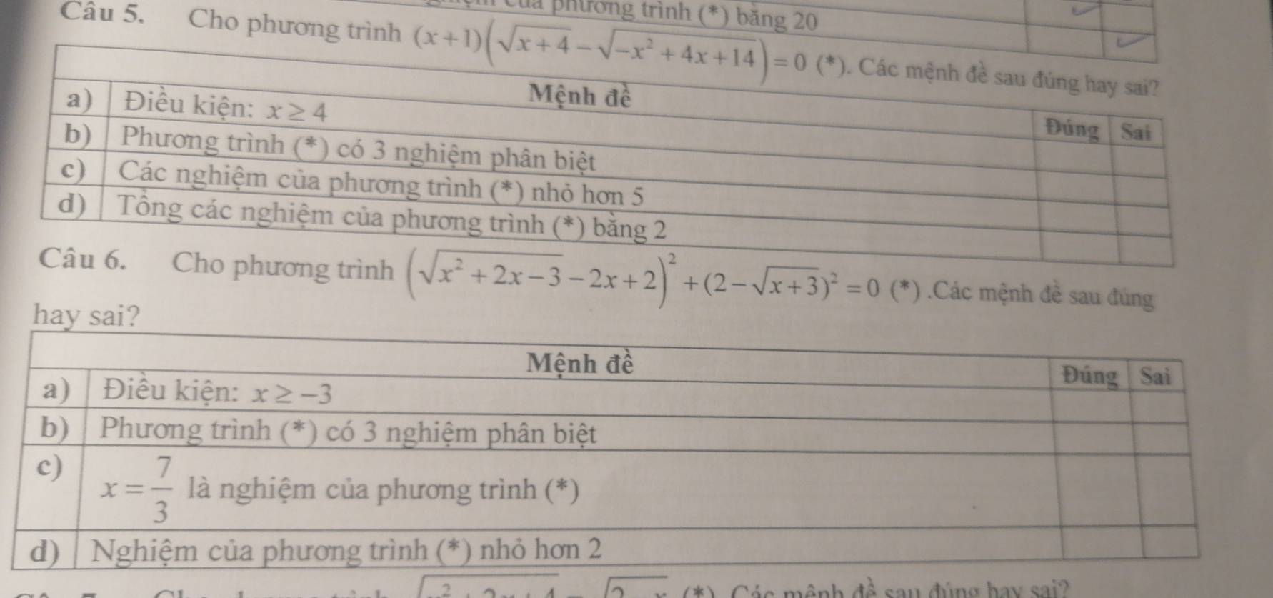 in Của phương trình (*) băng 20
Câu 5. Cho phương trình 
nh (sqrt(x^2+2x-3)-2x+2)^2+(2-sqrt(x+3))^2=0(*) Các mệnh đề sau đúng
hay sai?
2 Các mệnh đề sau đúng hay sai?