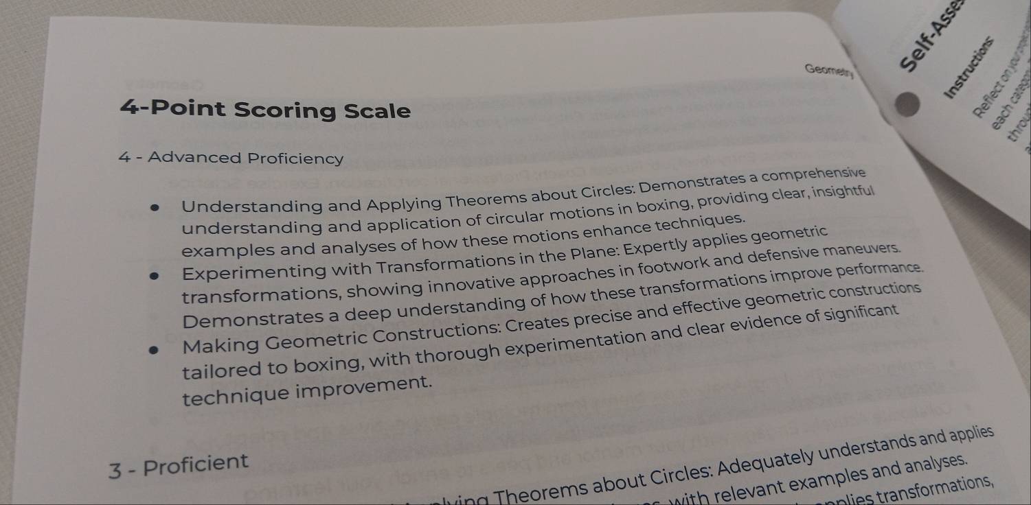 Geometry 

4-Point Scoring Scale 
te 
。 
4 - Advanced Proficiency 
Understanding and Applying Theorems about Circles: Demonstrates a comprehensive 
understanding and application of circular motions in boxing, providing clear, insightful 
examples and analyses of how these motions enhance techniques. 
Experimenting with Transformations in the Plane: Expertly applies geometric 
transformations, showing innovative approaches in footwork and defensive maneuvers. 
Demonstrates a deep understanding of how these transformations improve performance. 
Making Geometric Constructions: Creates precise and effective geometric constructions 
tailored to boxing, with thorough experimentation and clear evidence of significant 
technique improvement. 
3 - Proficient 
ing Theorems about Circles: Adequately understands and applies 
with relevant examples and analyses. 
a ormations