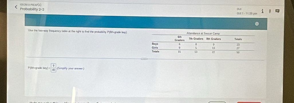 GEOM A PREAP(4) 
Probability x DUE Oct 1 -11.59 pm 
Use the two-way frequency table at the right to find the probability P(8th -grade boy)
P(8th-grade boy)= 9/40  (Simplity your answer.)