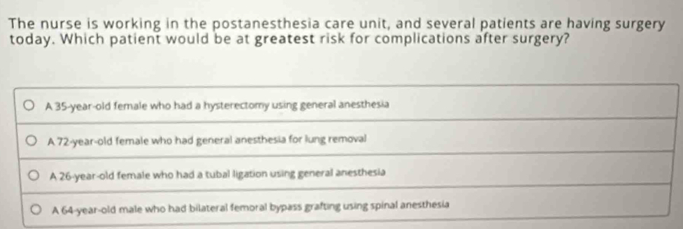 The nurse is working in the postanesthesia care unit, and several patients are having surgery
today. Which patient would be at greatest risk for complications after surgery?
A 35-year-old female who had a hysterectomy using general anesthesia
A 72-year-old female who had general anesthesia for lung removal
A 26-year-old female who had a tubal ligation using general anesthesia
A 64-year-old male who had bilateral femoral bypass grafting using spinal anesthesia