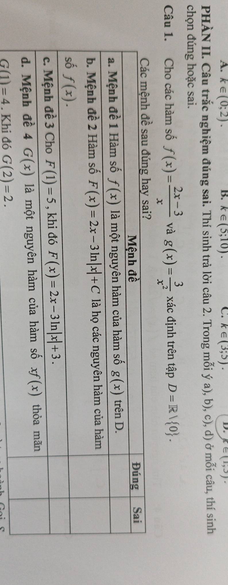 k∈ (0;2). k∈ (5;10). k∈ (3;5). x∈ (1,3).
PHÀN II. Câu trắc nghiệm đúng sai. Thí sinh trả lời câu 2. Trong mỗi ý a), b), c), d) ở mỗi câu, thí sinh
chọn đúng hoặc sai.
Câu 1. Cho các hàm số f(x)= (2x-3)/x  và g(x)= 3/x^2  x ác định trên tập D=R| 0 .
G(1)=4. Khi đó G(2)=2.