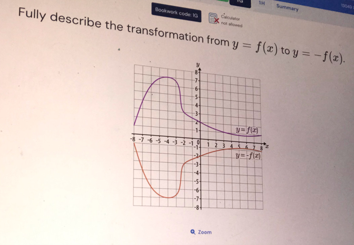 to 1H
13049
Summary
Bookwork code: 1G Calculator
not allowed
Fully describe the transformation from y=f(x) to y=-f(x).
Q Zoom