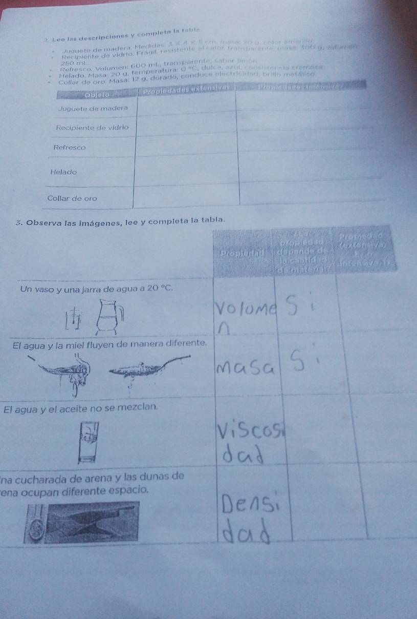 Lee las descripciones y completa la tabla 
Juqueto de madera, Medides: 3 × 4 × 5.cm, masa: 20 o, eotor amanlio 
Recipiente de vidrio, Frágil resistente al Calor transpaiente, mass, 500 g, volumere
250 mL
Refresco, Volumen: 600 mL, transparente, sabor limon 
Helado, Masa'' 20 g, temperatura: O ºC, dulce, azul, consistência cremosa 
o, conduce electricidad, brillo metálico 
3. Observa las imágenes, lee y completa la tabla. 
a topedt Promedad 
Propledad deponde d CextonsVa 
Inten sv6.1 
Un vaso y una jarra de agua a 20°C. 
El agua y la miel fluyen de manera diferente. 
El agua y el aceite no se mezclan. 
na cucharada de arena y las dunas de 
ena ocupan diferente espacio.