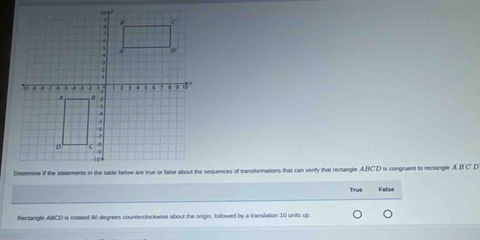 Determine if the statements in the table below are true or false about the sequences of transformations that can verify that rectangle ABCD is congruent to rectangle ABCD
True False
Rectangle ABCD is rotated 90 degrees counterclockwise about the origin, followed by a translation 10 units up.