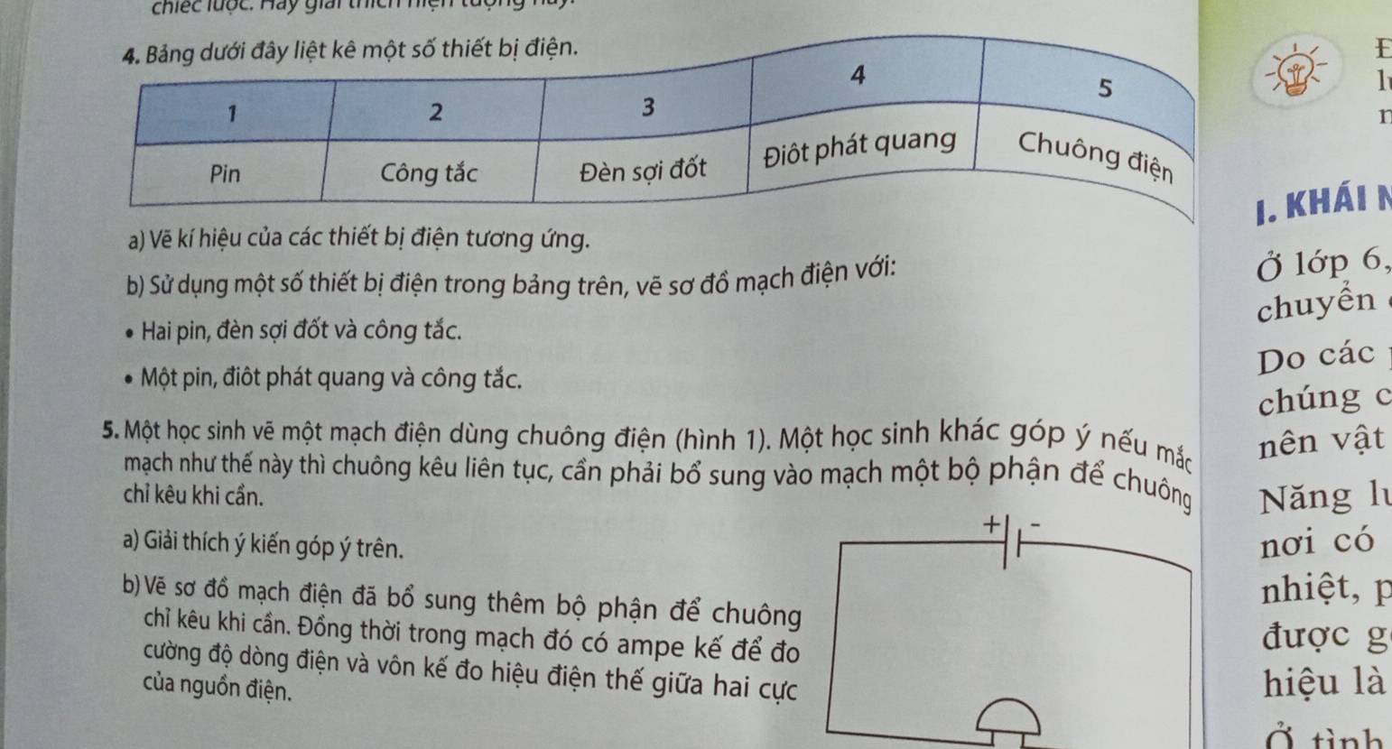 chiếc lược. Hay giải thích hiện từ 
I 
1 
r 
. khái n 
a) Vẽ kí hiệu của các thiết bị điện tương ứng. 
b) Sử dụng một số thiết bị điện trong bảng trên, vẽ sơ đồ mạch điện với: 
Ở lớp 6, 
chuyển 
Hai pin, đèn sợi đốt và công tắc. 
Do các 
Một pin, điôt phát quang và công tắc. 
chúng c 
5. Một học sinh vẽ một mạch điện dùng chuông điện (hình 1). Một học sinh khác góp ý nếu mắc 
nên vật 
mạch như thế này thì chuông kêu liên tục, cần phải bổ sung vào mạch một bộ phận để chuông Năng lư 
chỉ kêu khi cần. 
a) Giải thích ý kiến góp ý trên.nơi có 
nhiệt, p
b) Vẽ sơ đồ mạch điện đã bổ sung thêm bộ phận để chuông 
chỉ kêu khi cần. Đồng thời trong mạch đó có ampe kế để đo 
được g 
cường độ dòng điện và vôn kế đo hiệu điện thế giữa hai cực 
của nguồn điện. 
hiệu là 
Ở tình