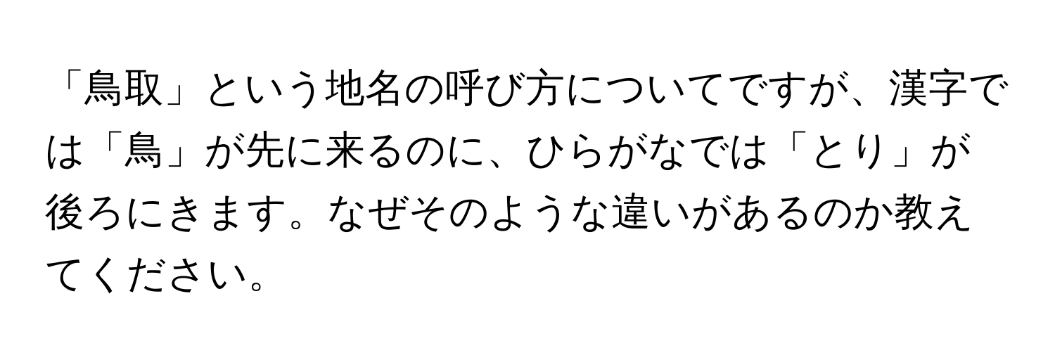 「鳥取」という地名の呼び方についてですが、漢字では「鳥」が先に来るのに、ひらがなでは「とり」が後ろにきます。なぜそのような違いがあるのか教えてください。