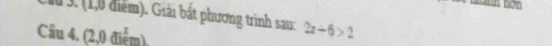 1ừ 3. (1,0 điểm). Giải bất phương trình sau: 2x-6>2
Câu 4. (2,0 điểm),