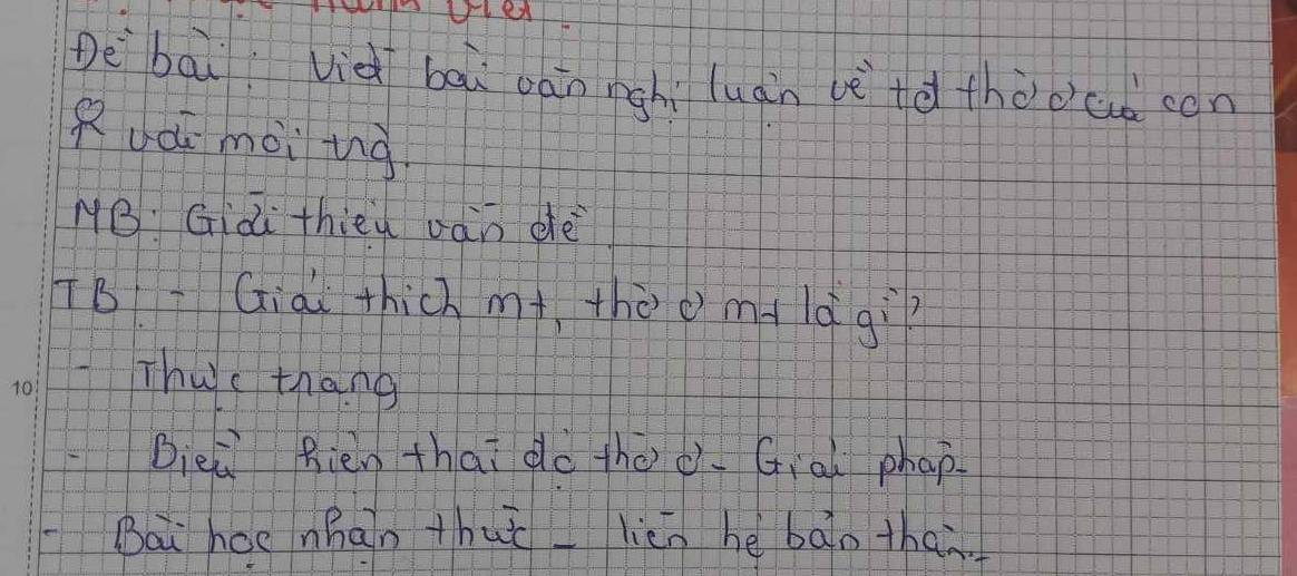 Deibāi vid bài oàn nghi luàn vè te the oak can 
Ruái mài inà 
NB: Giài thièu vàn dè 
TB TGiai thic) m+, thèomdldgì? 
Thuc thang 
Diei Rièn thai do theò. Gial phap. 
Bai hce nhàn thuǐ lién he bān the