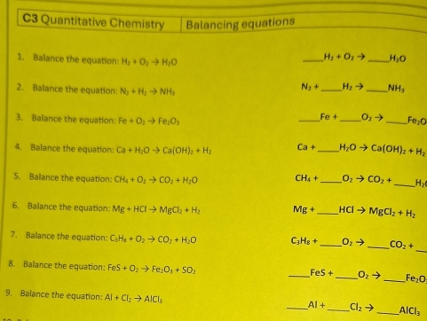 C3 Quantitative Chemistry Balancing equations 
1. Balance the equation: H_3+O_2to H_2O
_ H_2+O_2to _ H_2O
2. Balance the equation: N_2+H_2to NH_3
N_2+ _  H_2to _ NH_3
Fe+ O_2to
3. Balance the equation: Fe+O_2to Fe_2O_3 ___ Fe_2O
4. Balance the equation: Ca+H_2Oto Ca(OH)_2+H_2 Ca+ _  H_2Oto Ca(OH)_2+H_2
CH_4+
5. Balance the equation CH_4+O_2to CO_2+H_2O _  O_2to CO_2+ _ H_2
6. Balance the equation: Mg+HClto MgCl_2+H_2
Mg+ _  HClto MgCl_2+H_2
7. Balance the equation: C_3H_8+O_2to CO_2+H_2O
C_3H_8+ _ O_2to _  CO_2+ _ 
8. Balance the equation FeS+O_2to Fe_2O_3+SO_2
_ FeS+ _  O_2to _  Fe_2O
9. Balance the equation: Al+Cl_2to AlCl_3
_ AI+ _  Cl_2to _ AlCl_3