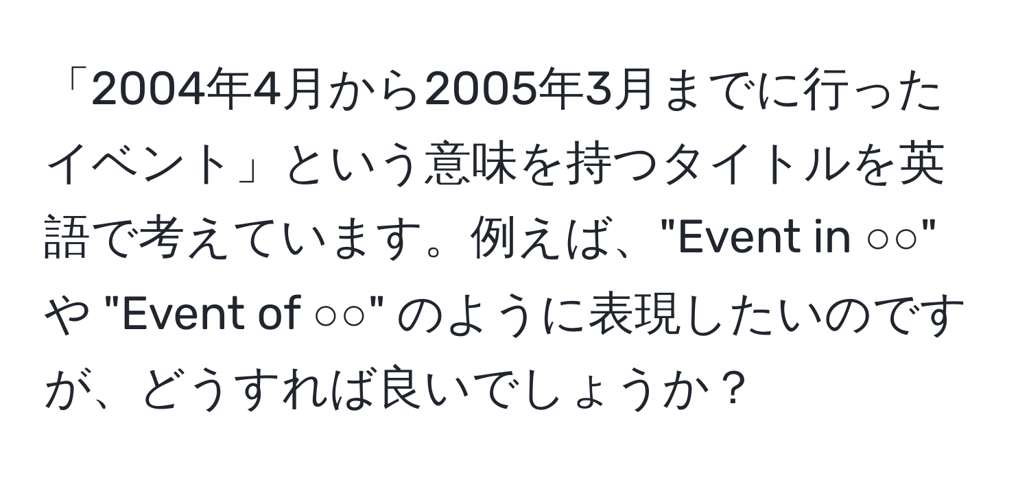 「2004年4月から2005年3月までに行ったイベント」という意味を持つタイトルを英語で考えています。例えば、"Event in ○○" や "Event of ○○" のように表現したいのですが、どうすれば良いでしょうか？