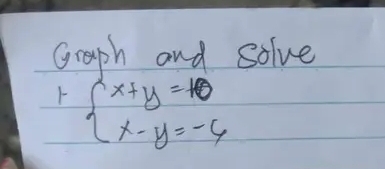 Graph and solve
beginarrayl x+y=10 x-y=-6endarray.