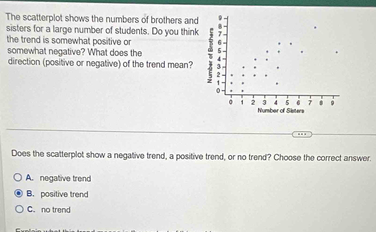 The scatterplot shows the numbers of brothers and
sisters for a large number of students. Do you think
the trend is somewhat positive or
somewhat negative? What does the
direction (positive or negative) of the trend mean? 
Does the scatterplot show a negative trend, a positive trend, or no trend? Choose the correct answer.
A. negative trend
B. positive trend
C. no trend