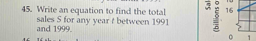Write an equation to find the total 
sales S for any year t between 1991
and 1999. 
ō 10
0 1
