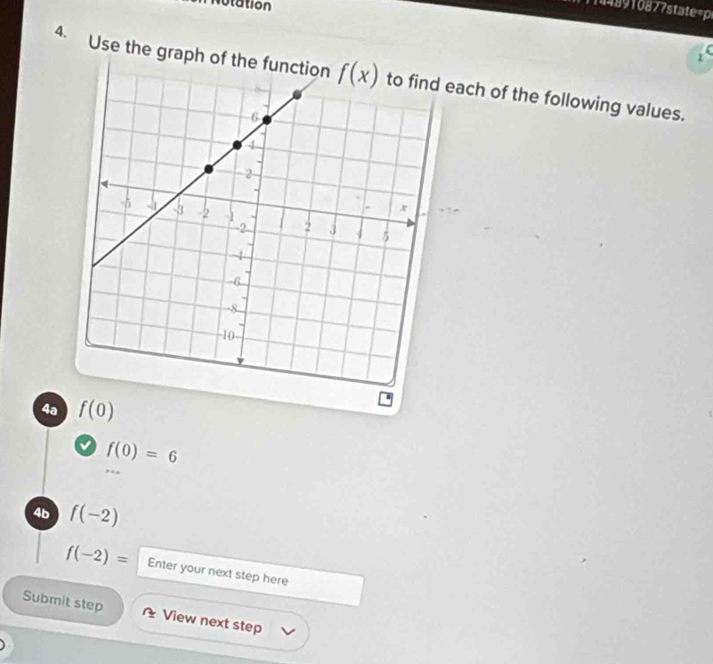 Notation
1
4. Use the graph ach of the following values.
4a f(0)
f(0)=6
4b f(-2)
f(-2)= Enter your next step here
Submit step View next step