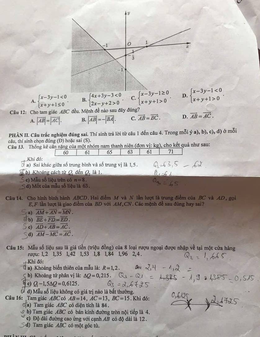 A. beginarrayl x-3y-1<0 x+y+1≤ 0endarray. . B. beginarrayl 4x+3y-3<0 2x-y+2>0endarray. . C. beginarrayl x-3y-1≥ 0 x+y+1>0endarray. . D. beginarrayl x-3y-1<0 x+y+1>0endarray. .
Câu 12: Cho tam giác ABC đều. Mệnh đề nào sau đây đúng?
A. |vector AB|=|vector AC|. B. |vector AB|=-|vector BA|. C. vector AB=vector BC. D. vector AB=vector AC.
PHÀN II. Câu trắc nghiệm đúng sai. Thí sinh trả lời từ câu 1 đến câu 4. Trong mỗi ý a), b), c), d) ở mỗi
câu, thí sinh chọn đúng (Đ) hoặc sai (S).
Câu 13. Thống k nặng của một nhóm nam thanh niên (đơn vị: kg), cho kết quả như sau:
Khi đó:
a) Sai khác giữa số trung bình và số trung vị là 1,5 .
b) Khoảng cách từ Q, đến Q, là 1.
c) Mẫu số liệu trên có n=8.
d) Mốt của mẫu số liệu là 63 .
Câu 14. Cho hình bình hành ABCD. Hai điểm M và N lần lượt là trung điểm của BC và AD, gọi
E,F lần lượt là giao điểm của BD với AM,CN. Các mệnh đề sau đúng hay sai?
a) vector AM+vector AN=vector MN.
b) overline BE+overline FD=overline ED.
c) vector AD+vector AB=vector AC.
d) vector AM-vector MC=vector AC.
Câu 15: Mẫu số liệu sau là giá tiền (triệu đồng) của 8 loại rượu ngoại được nhập về tại một cửa hàng
rượu: 1, 2 1, 35 1, 42 1, 53  1, 8 1, 84 1, 96 2, 4 .
Khi đó:
( a) Khoảng biến thiên của mẫu là: R=1,2.
b) Khoảng tứ phân vị là: △ Q=0,215.
c) Q_1-1,5△ Q=0,6125.
( đ) Mẫu số liệu không có giá trị nào là bất thường.
Câu 16: Tam giác ABC có AB=14,AC=13,BC=15. Khi đó:
a) Tam giác ABC có diện tích là 84.
b) Tam giác ABC có bán kính đường tròn nội tiếp là 4.
c) Độ dài đường cao ứng với cạnh AB có độ dài là 12.
d) Tam giác ABC có một góc tù.