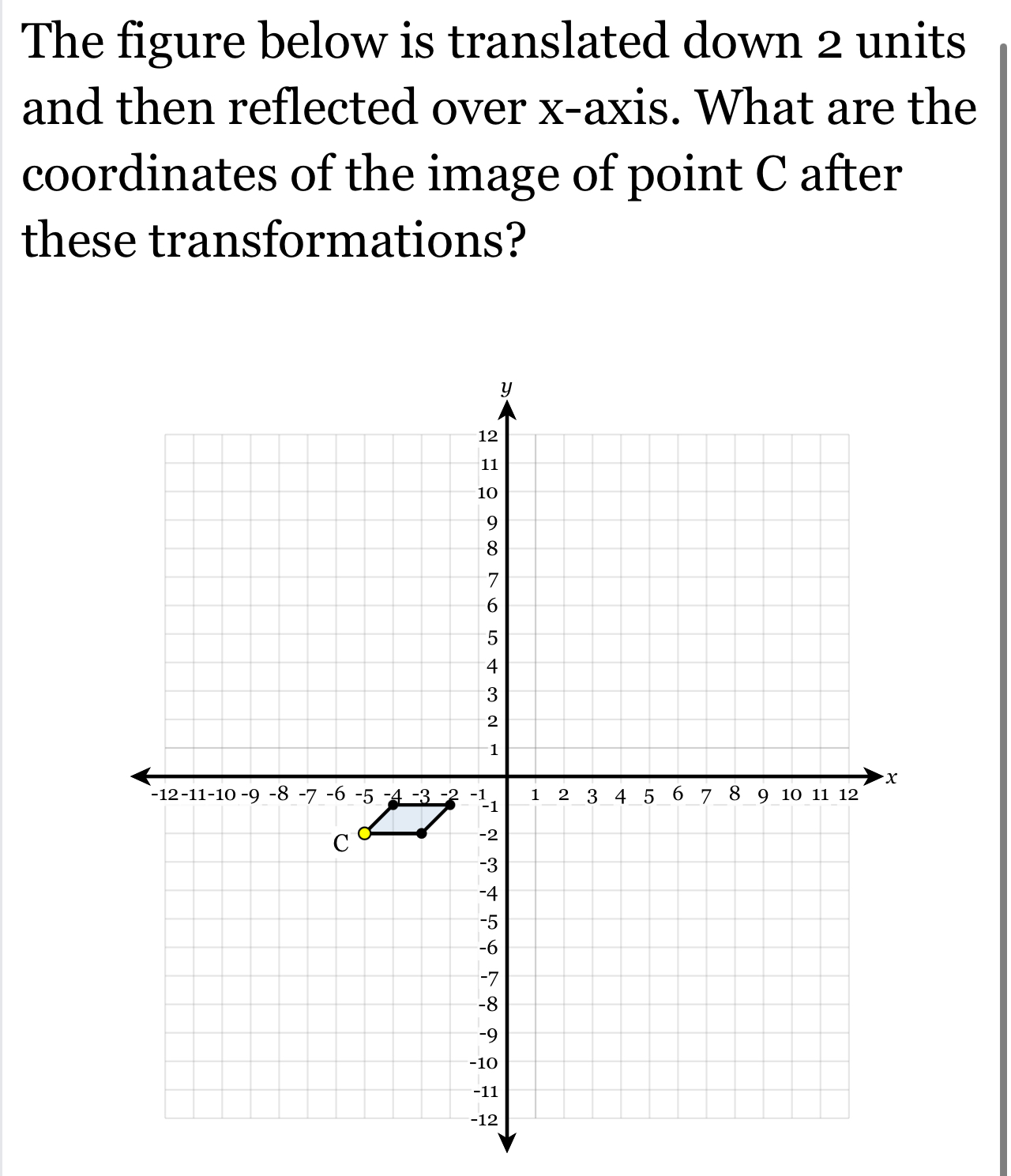 The figure below is translated down 2 units
and then reflected over x-axis. What are the 
coordinates of the image of point C after 
these transformations?