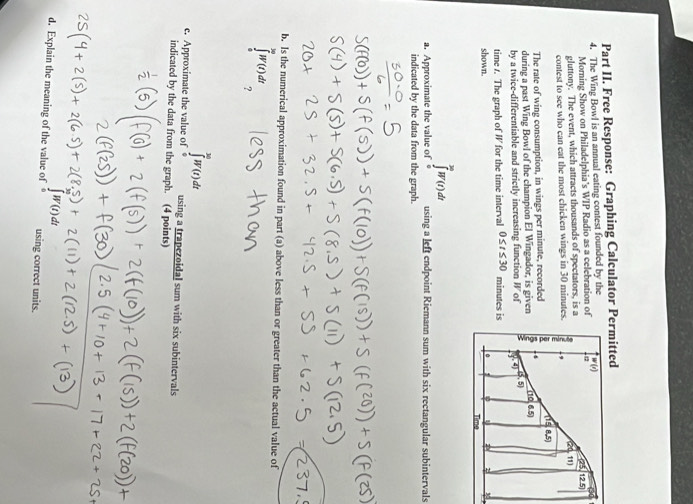 Part II. Free Response: Graphing Calculator Permitted
4. The Wing Bowl is an annual eating contest founded by the
Morning Show on Philadelphia's WIP Radio as a celebration of
gluttony. The event, which attracts thousands of spectators, is a
contest to see who can cat the most chicken wings in 30 minutes.
The rate of wing consumption, in wings per minute, recorded
during a past Wing Bowl of the champion El Wingador, is given
by a twice-differentiable and strictly increasing function Wol
time /. The graph of W for the time interval 0≤ t≤ 30 minutes is
shown. 
a. Approximate the value of ∈tlimits _0^((30)W(t)dt using a left endpoint Riemann sum with six rectangular subintervals
indicated by the data from the graph.
b. Is the numerical approximation found in part (a) above less than or greater than the actual value of
∈tlimits _0^(30)W(t)dt
e. Approximate the value of ∈tlimits _0^(30)W(t)dt using a trapezoidal sum with six subintervals
indicated by the data from the graph. (4 points)
d. Explain the meaning of the value of ∈tlimits _0)W(t)dt using correct units.