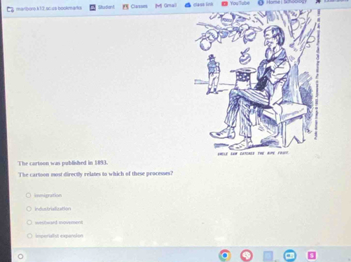 mariboro.k12.sc.us bookmarks Studient Classes M Gmall class link YouTube * Home Saão
The cartoon was published in 1893. 
The cartoon most directly relates to which of these processes?
Immigration
industrialization
westward movement
imperialist expansion