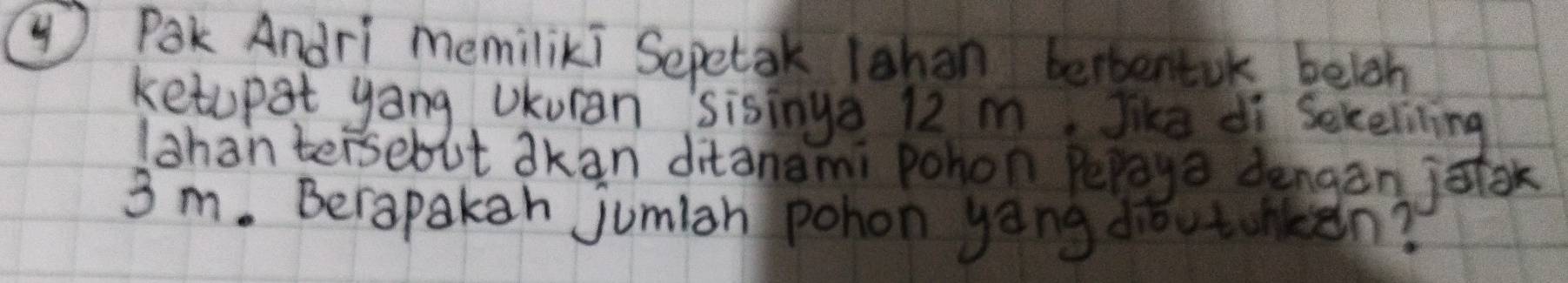 ④Pak Andri memiliki Sepetak lahan berbentok belgh 
ketupot yong Ukuran sisinge 12 m, Jike di Sekeliing 
lahan tersebut dkan ditanami pohon Peraya dengan jotak
3m. Berapakan jumiah pohon yong diǒutobken?
