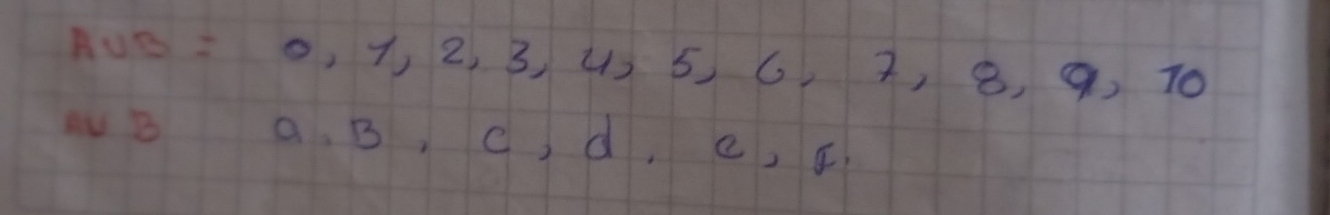 AUB=0,1,2,3,4,5,6,7, 8, 9, 70
a. B, c, d, C, F