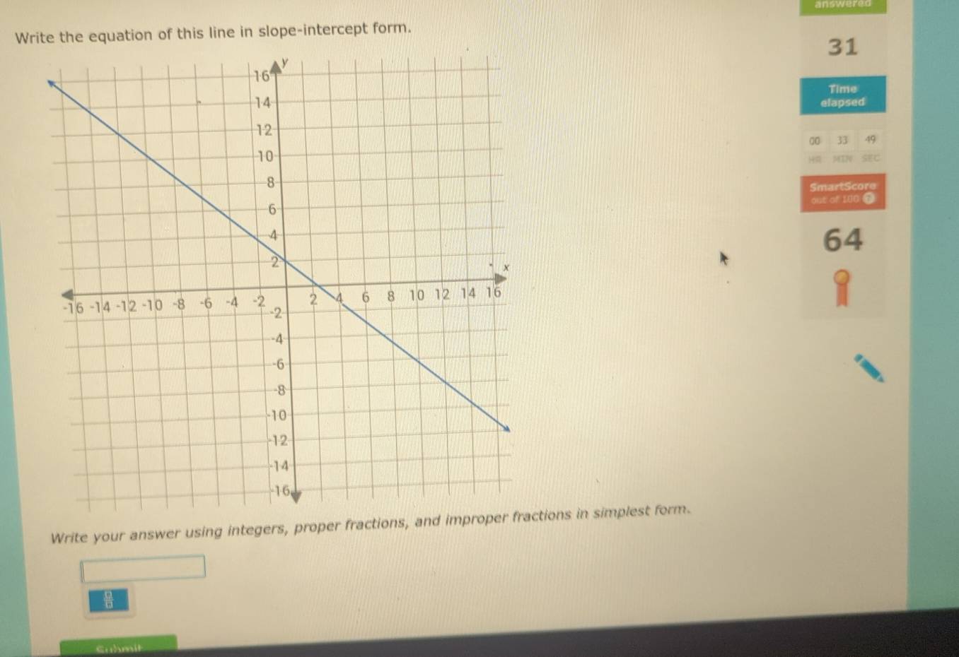 Write the equation of this line in slope-intercept form.
31
Time 
elapsed 
33 49
H㵘 5TF0 
SmartScore 
out of 100
64
Write your answer using integers, proper fractions, and improper fractions in simplest form. 
Sabmil