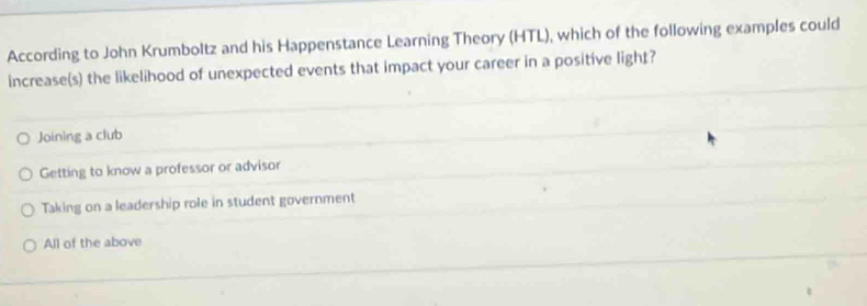 According to John Krumboltz and his Happenstance Learning Theory (HTL), which of the following examples could
increase(s) the likelihood of unexpected events that impact your career in a positive light?
Joining a club
Getting to know a professor or advisor
Taking on a leadership role in student government
All of the above