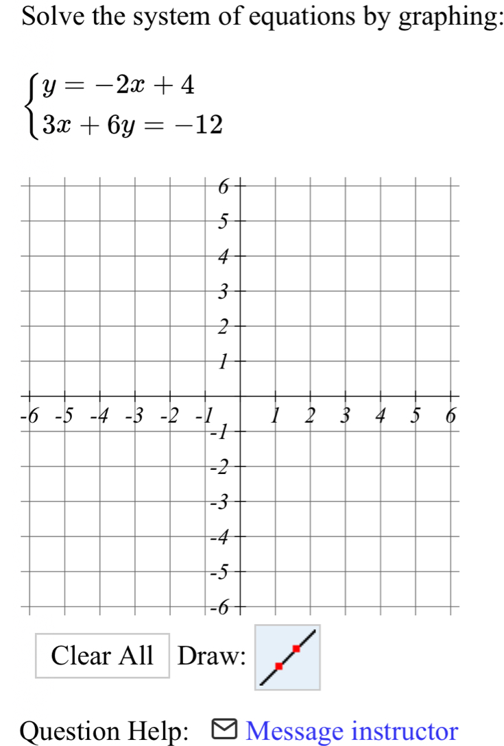 Solve the system of equations by graphing:
beginarrayl y=-2x+4 3x+6y=-12endarray.
- 
Clear All Draw: 
Question Help: Message instructor