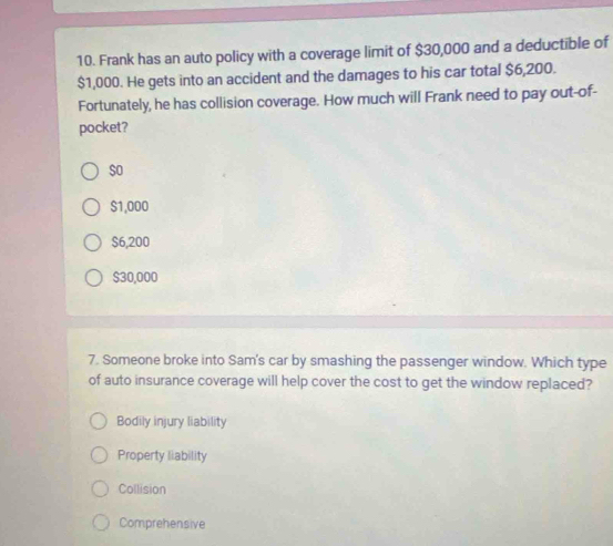 Frank has an auto policy with a coverage limit of $30,000 and a deductible of
$1,000. He gets into an accident and the damages to his car total $6,200.
Fortunately, he has collision coverage. How much will Frank need to pay out-of-
pocket?
$o
$1,000
$6,200
$30,000
7. Someone broke into Sam's car by smashing the passenger window. Which type
of auto insurance coverage will help cover the cost to get the window replaced?
Bodily injury liability
Property liability
Collision
Comprehensive