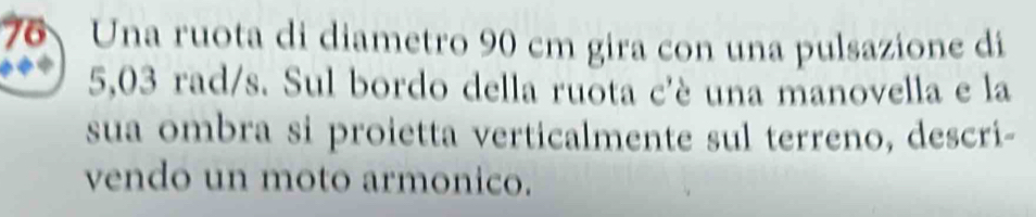 Una ruota di diametro 90 cm gira con una pulsazione di
5,03 rad/s. Sul bordo della ruota c'è una manovella e la 
sua ombra si proietta verticalmente sul terreno, descri- 
vendo un moto armonico.