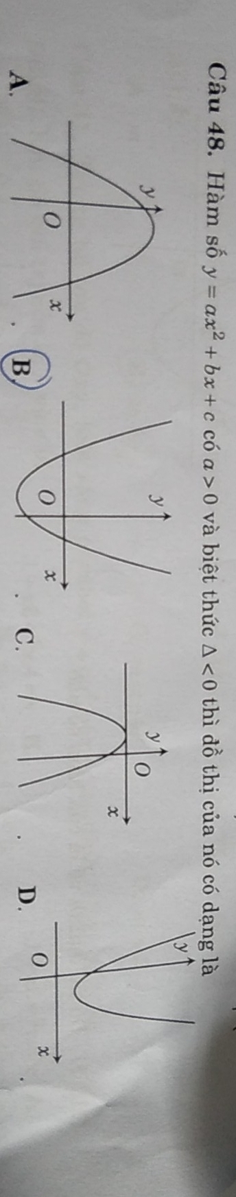 Hàm số y=ax^2+bx+cchat 0a>0 và biệt thức △ <0</tex> thì dhat o thị của nó có dạng là
A.
B
C
D