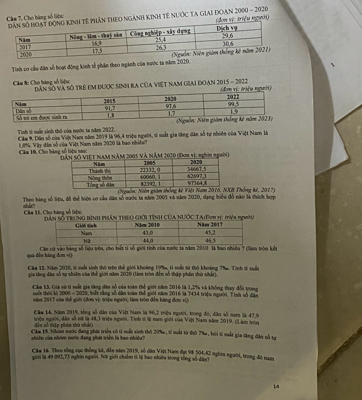 Cho bảng số liệu:
N THEO NGẢNH KINH TÊ NƯỚC TA GIAI ĐOẠN 2000 - 2020 n vị: triệu người)
Tính cơ cầu dân số hoạt động kinh tế phân theo ngành của nước ta năm 2020.
Câu 8: Cho bảng số liệu:
Ô TRẻ EM ĐƯợC SINH RA CủA VIỆT NAM GIAI ĐOẠN 2015 - 2022
gười)
Tính tỉ suất sinh thô của nước ta năm 2022.
Câu 9. Dân số của Việt Nam năm 2019 là 96,4 triệu người, tỉ suất gia tăng dân số tự nhiên của Việt Nam là
1,0%. Vậy dân số của Việt Nam năm 2020 là bao nhiêu?
Câu 10. Cho bảng số liệu sau:
AM NÄM 2005 VÀ NĂM 2020 (Đơn vị: nghìn người)
(Nguồn: Niên  Thống kê, 2017)
Theo bảng số liệu, để thể hiện cơ cầu dân số nước ta năm 2005 và năm 2020, dạng biểu đồ nào là thích hợp
nhất?
Câu 11. Cho bảng số liệu:
RUNG BÌNH PHÂN THEO GIỚI TÍNH CỦA NƯỚC TA(Đơn vị: triệu người)
Căn cứ vào bảng số liệu trên, cho biết tǐ số giới tính của nước ta năm 2010 là bao nhiêu ? (làm tròn kết
quả đến hàng đơn vị)
Câu 12. Năm 2020, tỉ suất sinh thô trên thế giới khoảng 19‰, tỉ suất từ thô khoảng 7‰. Tính tỉ suất
gia tăng dân số tự nhiên của thế giới năm 2020 (làm tròn đến số thập phân thứ nhất).
Câu 13. Giá sử tỉ suất gia tăng dân số của toàn thế giới năm 2016 là 1,2% và không thay đổi trong
suốt thời ki 2000 - 2020, biết rằng số dân toàn thể giới năm 2016 là 7434 triệu người. Tính số dân
năm 2017 của thế giới (đơn vị: triệu người; làm tròn đến hàng đơn vị)
Câu 14. Năm 2019, tổng số dân của Việt Nam là 96,2 triệu người, trong đó, dân số nam là 47,9
triệu người, dân số nữ là 48,3 triệu người. Tính tỉ lệ nam giới của Việt Nam năm 2019. (Lâm tròn
đến số thập phân thứ nhất)
Câu 15. Nhóm nước đang phát triển có tỉ suất sinh thô 20‰, tỉ suất từ thô 7‰, hỏi tỉ suất gia tăng dân số tự
nhiên của nhóm nước đang phát triển là bao nhiêu?
Câu 16. Theo tổng cục thống kê, đến năm 2019, số dân Việt Nam đạt 98 504,42 nghìn người, trong đó nam
giới là 49 092,73 nghìn người. Nữ giới chiếm tỉ lệ bao nhiêu trong tổng số dân?
14