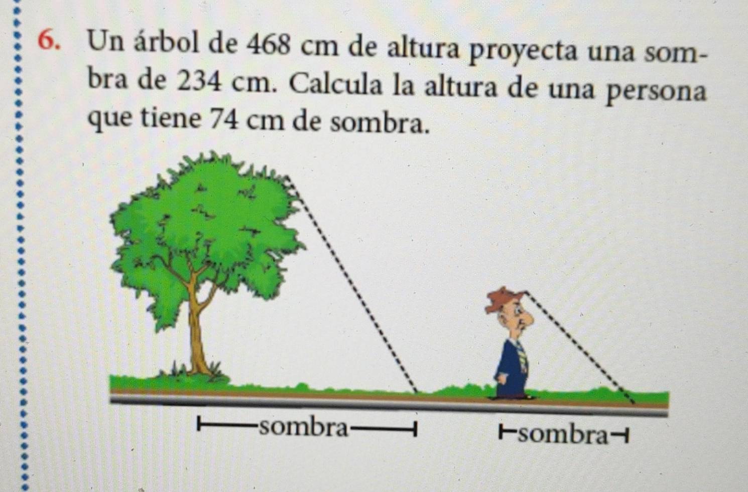 Un árbol de 468 cm de altura proyecta una som- 
bra de 234 cm. Calcula la altura de una persona 
que tiene 74 cm de sombra.