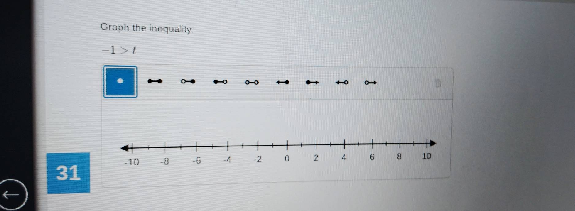 Graph the inequality.
-1>t
31