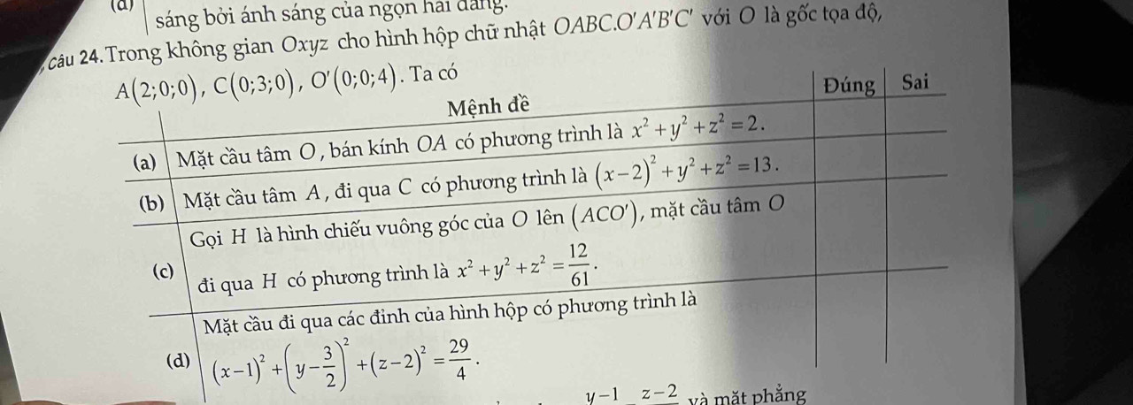 sáng bởi ánh sáng của ngọn hải dang.
2 câu 24.Trong không gian Oxyz cho hình hộp chữ nhật OABC.O'A'B'C' với O là gốc tọa độ,
y-1z-2 và mặt phẳng