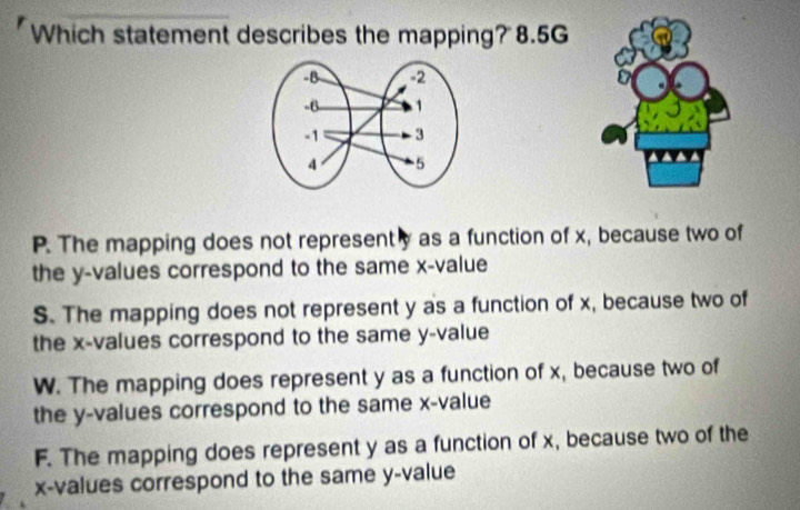 Which statement describes the mapping? 8.5G
P. The mapping does not represently as a function of x, because two of
the y -values correspond to the same x -value
S. The mapping does not represent y as a function of x, because two of
the x -values correspond to the same y -value
W. The mapping does represent y as a function of x, because two of
the y -values correspond to the same x -value
F. The mapping does represent y as a function of x, because two of the
x -values correspond to the same y -value