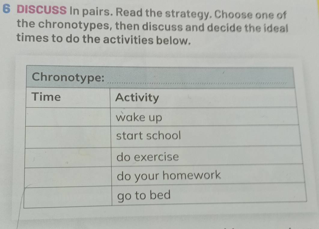 DISCUSS In pairs. Read the strategy. Choose one of 
the chronotypes, then discuss and decide the ideal 
times to do the activities below.