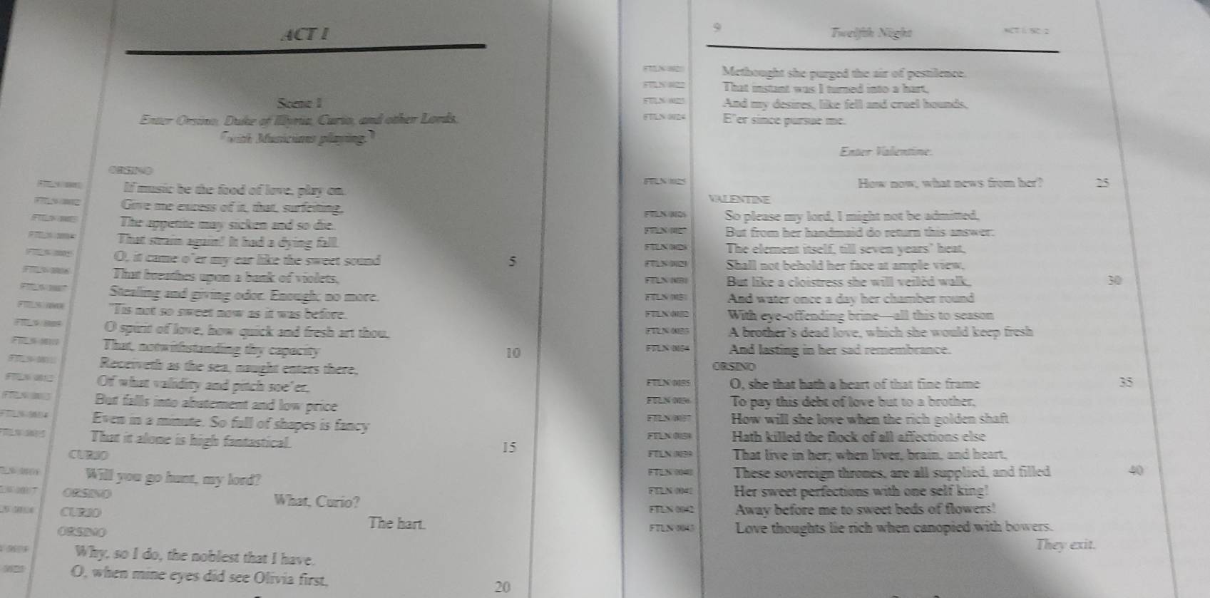 ACT I Twelfth Night NCT 1 SC 2
Methought she purged the air of pestilence.
That instant was I turned into a hart,
Scene I FN 0 And my desires, like fell and cruel hounds,
Enter Orsino, Duke of Illyria, Curio, and other Lords.  M N 02 E'er since pursue me.
wich Municims playing 
Enter Valentine
FELN 12S
If music be the food of lave, play on How now, what news from her? 25
VALENTINE
 Give me excess of it, that, surfeiting, FELN/NOS So please my lord, I might not be admitted,
The appetite may sicken and so die.
FNME But from her handmaid do return this answer.
That strain again! It had a dying fall. FÉln (ID) The element itself, till seven years' heat,
5
O, it came o'er my ear like the sweet sound ((502 Shall not behold her face at ample view,
That breathes upon a bank of violets, F LN NB] But like a cloistress she will veiled walk,
30
Stealing and giving odor. Enough; no more. FELN(MB) And water once a day her chamber round
"Tis not so sweet now as it was before. F UN482 With eye-offending brine—all this to season
O spirit of love, how quick and fresh art thou. L 1 4085 A brother's dead love, which she would keep fresh
That, notwithstanding thy capacity FILN N54 And lasting in her sad remembrance.
10
Receiveth as the sea, naught enters there, ORSINO
Of what validity and pitch soe'er. F ULN 0185 O, she that hath a heart of that fine frame 35
FLN 
But falls into abatement and low price To pay this debt of love but to a brother,
Even in a minute. So full of shapes is fancy How will she love when the rich golden shaft
That it alone is high fantastical. Hath killed the flock of all affections else
FEL× (15)
15
CURSO FELN (39 That live in her; when liver, brain, and heart.
FTLN 004)
Will you go hust, my lord? These sovereign thromes, are all supplied, and filled 40
FELN (041
ORSNO What, Curio? Her sweet perfections with one self king!
5 3 CURIO FTLN 0042 Away before me to sweet beds of flowers!
The hart.
①B1 FTLN G Love thoughts lie rich when canopied with bowers.
They exit.
， Why, so I do, the noblest that I have.
O, when mine eyes did see Olivia first, 20